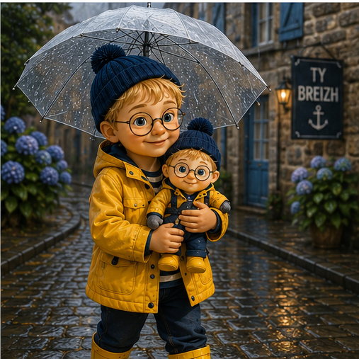 Le P'tit Breizh et sa peluche sous la pluie