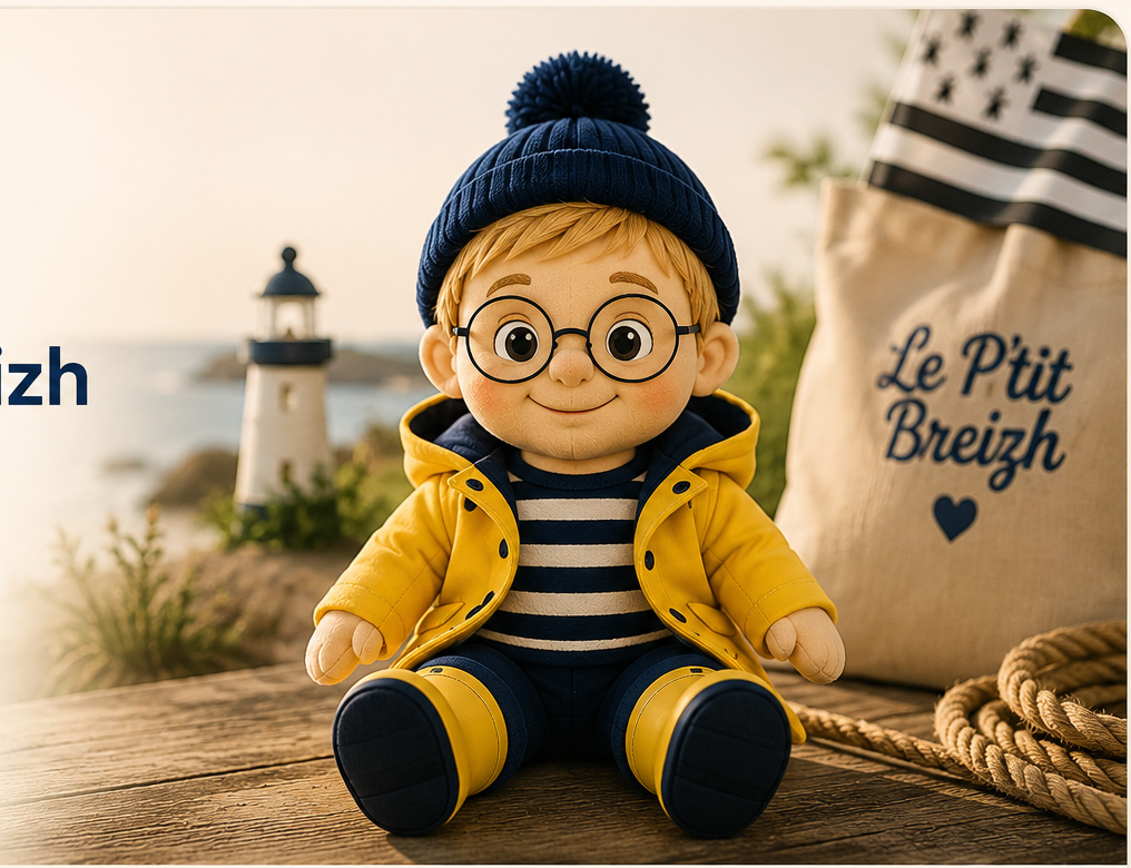 La peluche du P'tit Breizh dans un décor breton